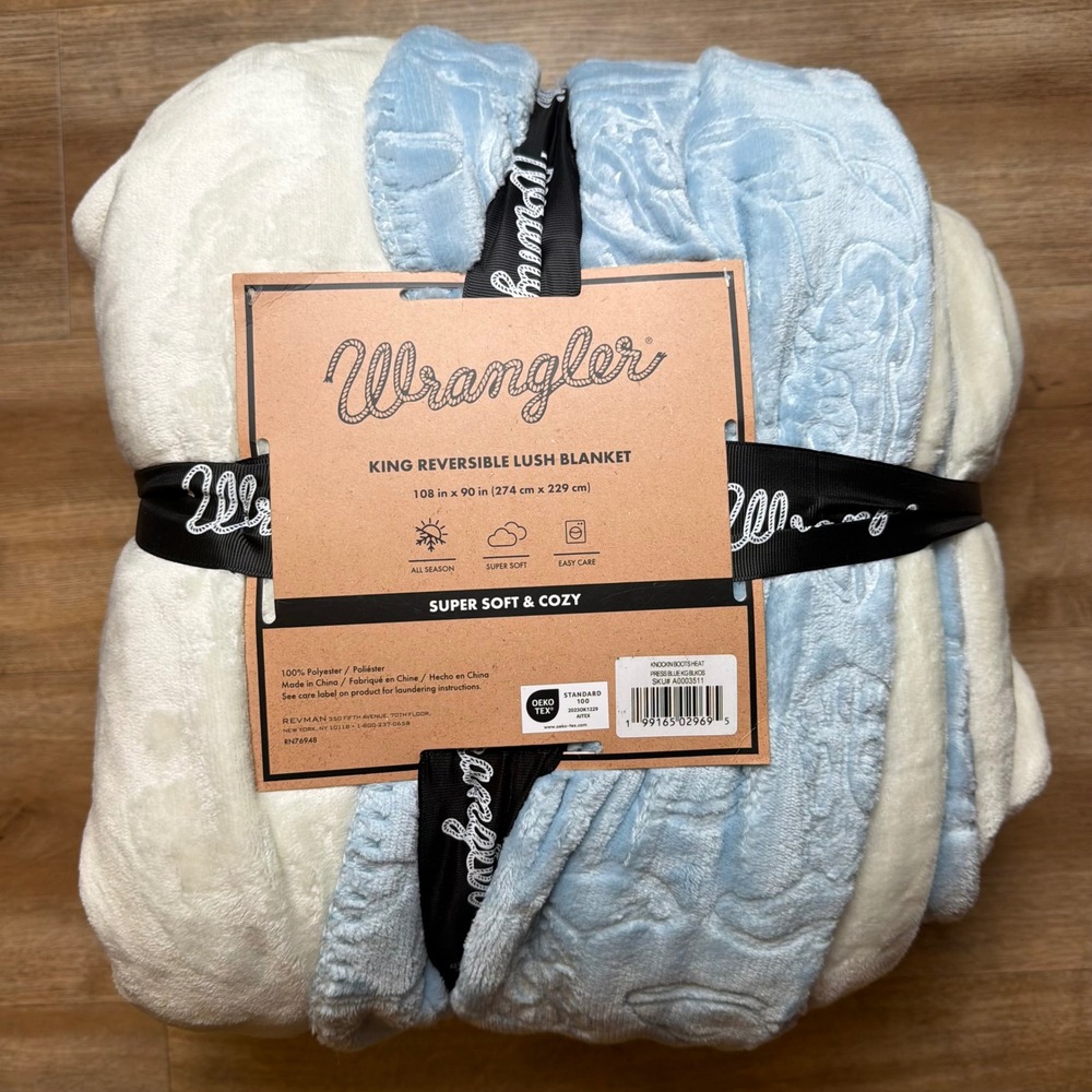 Wrangler Reversible Lush Blanket King Blue Cowboy Boot Embossed Super Soft Cozy